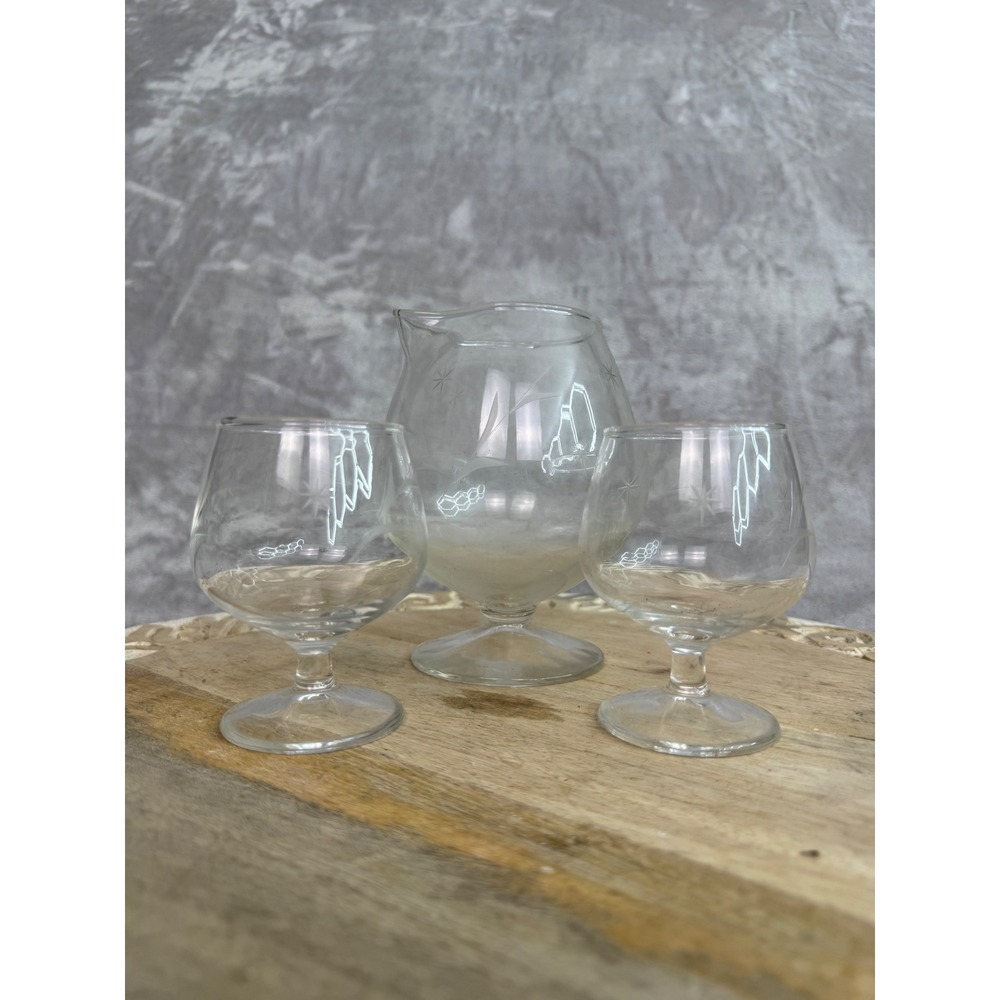 Vintage Etched Glass Pitcher and Snifter Set Starburst Wheat‎ Mid Century Modern